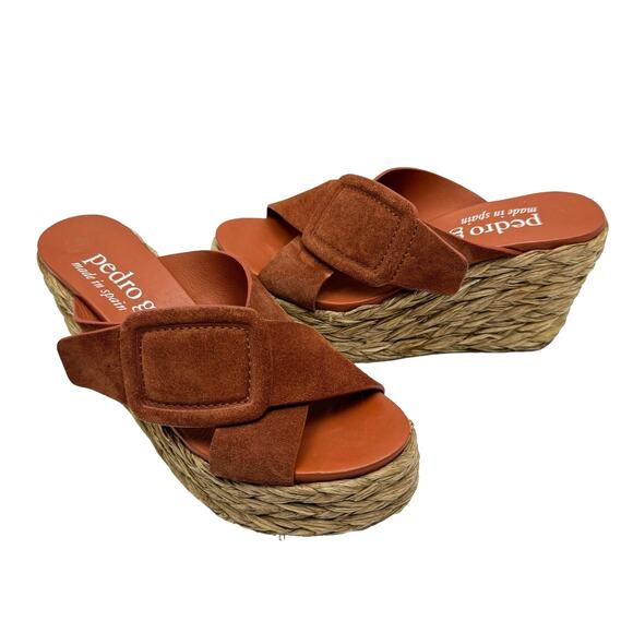 Pedro Garcia Donata Terracotta Suede Leather Rafia Espadrille Wedge Sandals - Picture 1 of 10